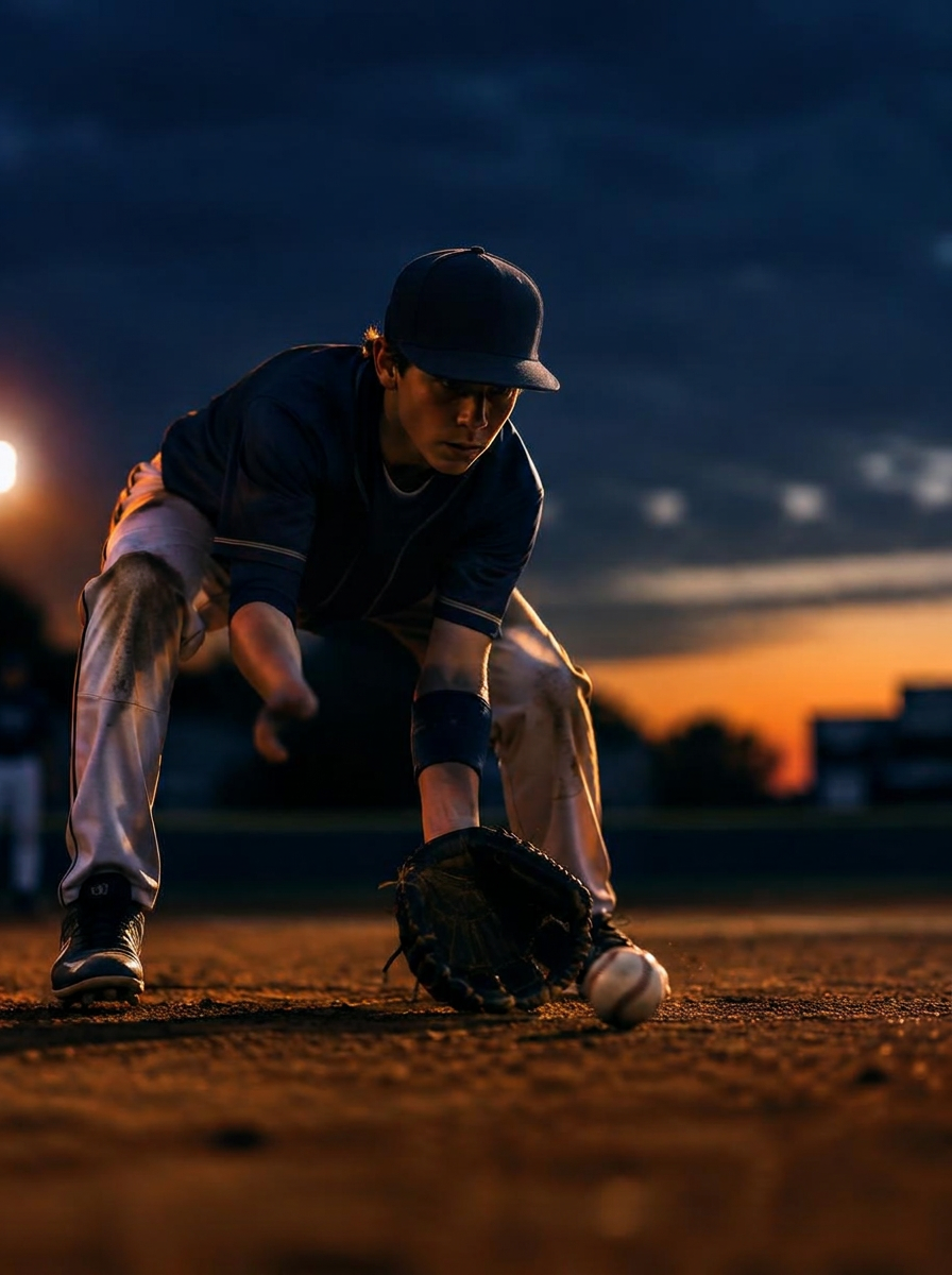 Young player charging a ground ball at dusk